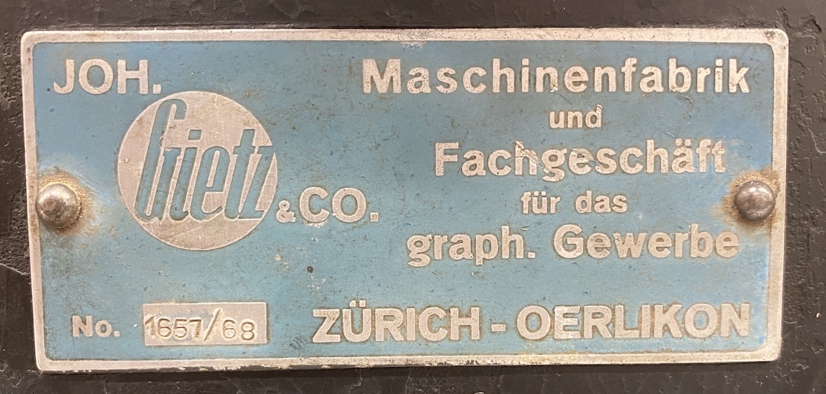 Typenschild Joh. Gietz und Co., Zürich-Oerlikon, Nummer 1657/68